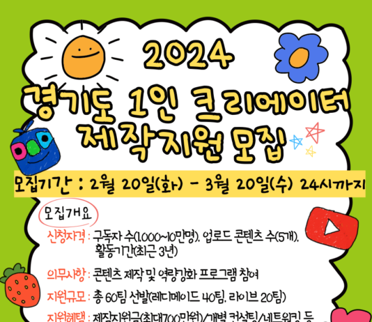 경기도, 1인 크리에이터 60개팀 제작지원. 3월 20일까지 참가자 모집