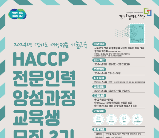 경기도, 식품안전관리인증기준(HACCP) 전문인력 양성과정 교육생 모집